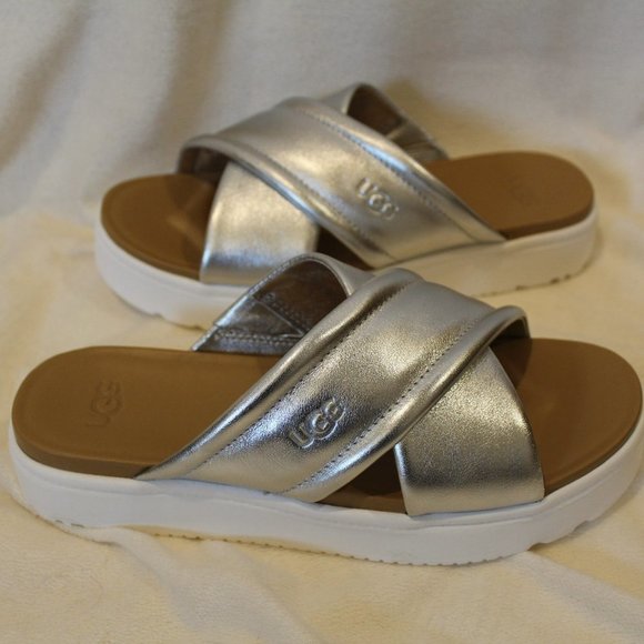 NIB UGG WOMEN'S ZAYNE LEATHER WEDGE SANDALS SILVER - Picture 2 of 7